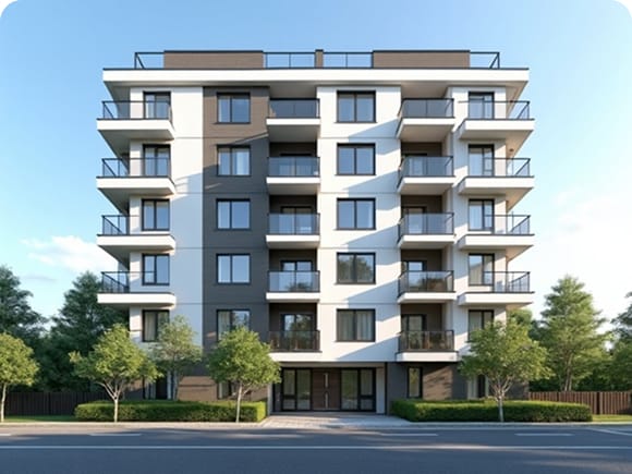 白い外観の中層マンション