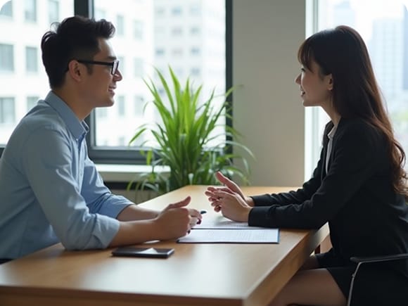 カウンターで相談する二人